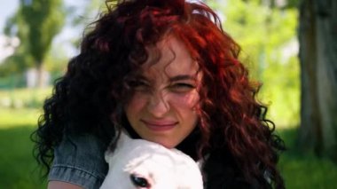 Pitbull 'un güzel beyaz köpeği Styfordshire Teriyeri yazın parkta yürürken sahibinin köpek resmine sarılır.