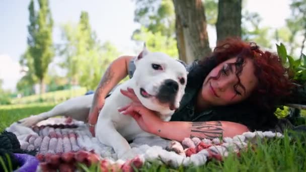 美しい白い犬のピットブルスタッフォードシャーテリア公園の散歩中に彼女を舐めているオーナーと休憩 — ストック動画