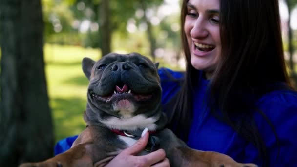 Joven Dueña Sostiene Pequeño Bulldog Francés Sus Brazos Que Sonríe — Vídeos de Stock