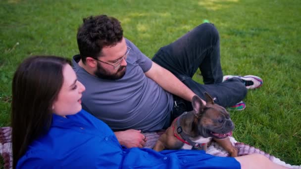 Aviopari Lepää Luonnossa Arkki Puistossa Leikkii Pieni Koira Ranskan Bulldoggi — kuvapankkivideo
