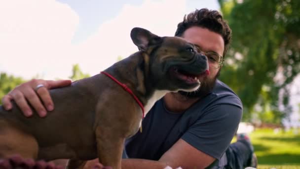 Bärtiger Mann Ruht Park Mit Seinem Hund Französisch Bulldogge Freien — Stockvideo