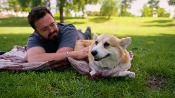 留着胡子的男子带着他的宠物狗躺在公园里 参加夏季野餐 — 图库视频影像