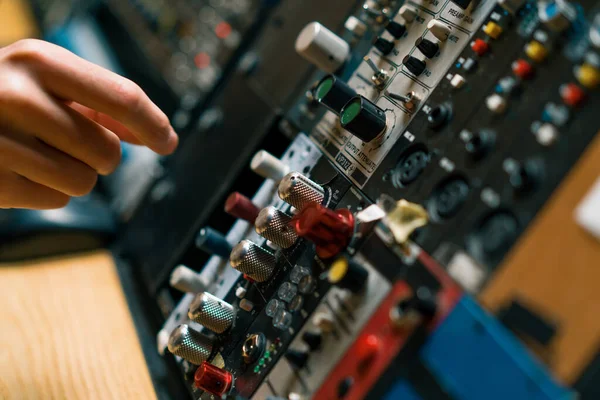 Sound Engineer Using Digital Audio Mixer Sliders Engineer Pressing Keys Control Panel Recording Studio Technician Closeup