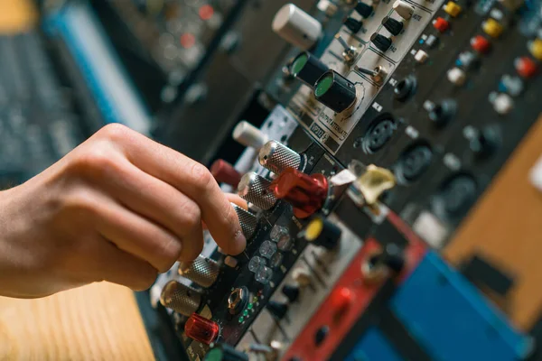 Sound Engineer Using Digital Audio Mixer Sliders Engineer Pressing Keys Control Panel Recording Studio Technician Closeup