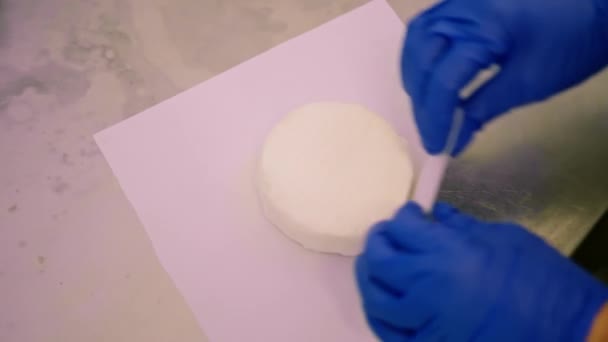 Pracownik Ręcznie Pakuje Organiczny Ser Miękki Papierowe Opakowanie Produkcja Sera — Wideo stockowe