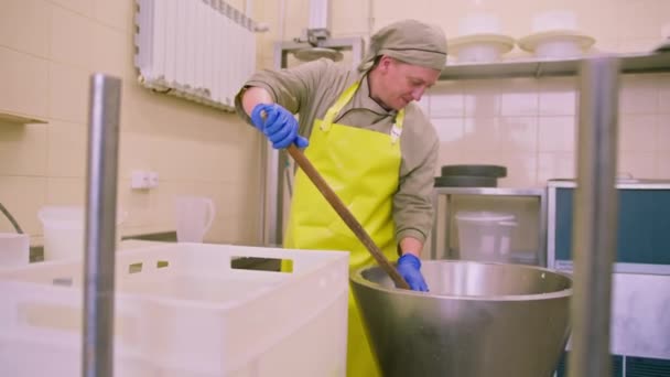Tillverkning Mejeriostar Ostproducenten Tar Vit Mozzarella Från Metallbehållare Med Hög — Stockvideo