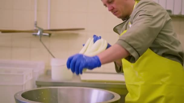 Peynir Üreticisi Süt Peyniri Üretiyor Taze Mozarellayı Elleriyle Yontuyor Peyniri — Stok video