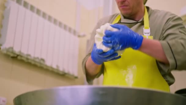 Peynir Üreticisi Beyaz Mozzarellayı Metal Bir Fıçıdan Elleriyle Çıkararak Bir — Stok video