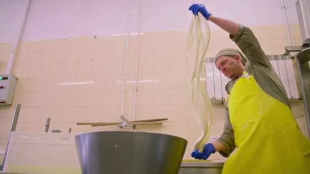 Peynir Üreticisi Süt Peyniri Üretiyor Taze Mozarellayı Elleriyle Yontuyor Peyniri — Stok video
