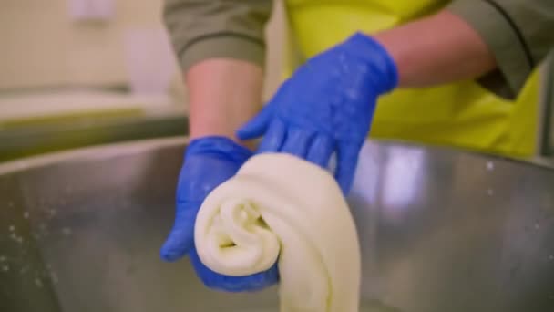 Виробництво Молочних Сирів Сирник Видаляє Білу Моцарелу Металевого Чаню Стискаючи — стокове відео