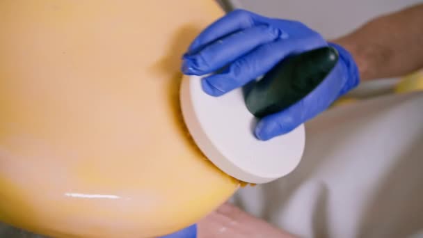 Männliche Hände Handschuhen Reinigen Käse Mit Pinsel Lager Milchviehbetrieb Erfolgreiches — Stockvideo