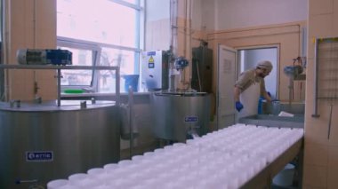 Peynir fabrikasındaki süt karıştırma peynir üreticisi peyniri elle kontrol eder büyük bir tank içinde pastörizasyon peynir üretim peynir fabrikasında