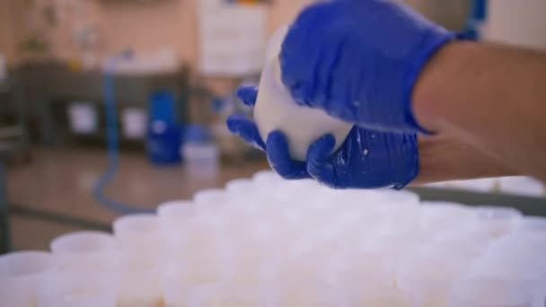 Trabalhador Uma Fábrica Queijo Artesanal Vira Queijo Branco Produção Queijo — Vídeo de Stock