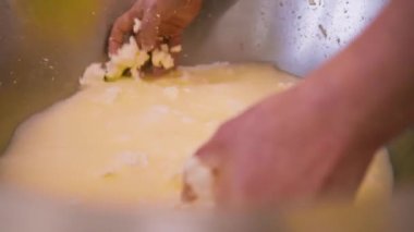 Peynir üreticisi, yüksek sıcaklıktaki metal fıçıdan beyaz mozzarella alır.