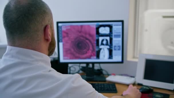 Patient Undergoes Computer Tomography Clinic Radiologist Monitors Progress Procedure Results — Stock Video
