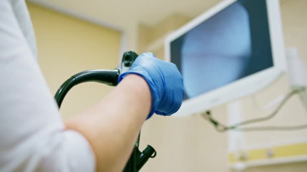 Close Doctor Gloved Hand Endoscope Diagnostic Gastroscopy Colonoscopy Clinic — Stock Video
