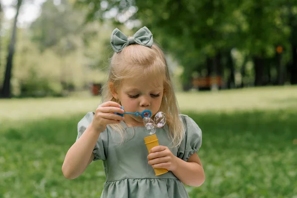 Porträt Nettes Kleines Mädchen Pustet Seifenblasen Spaß Park Einem Sommertag — Stockfoto