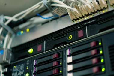 Bir sürü yama ağı kablosu veri merkezi internet depolama odasındaki bir sunucu rafındaki yama panelinden sıralanmış.