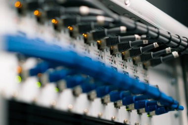 Bir veri merkezindeki bir sunucu odasındaki ağ yama kablolarının bir yığın veri iletim fiber optik bilgi teknolojisinin yakın plan görüntüsü