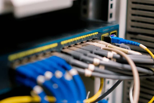 close-up of a pile of network patch cables sorted in a rack cabinet leading from a patch panel in server rack in a data center room