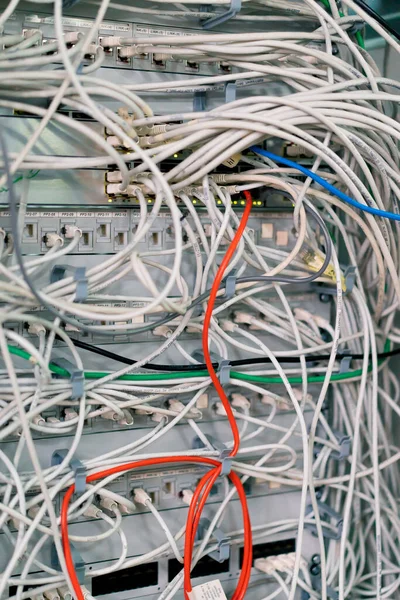 데이터 패널에서 선도하는 캐비닛에 정렬된 네트워크 케이블 더미의 클로즈업 — 스톡 사진