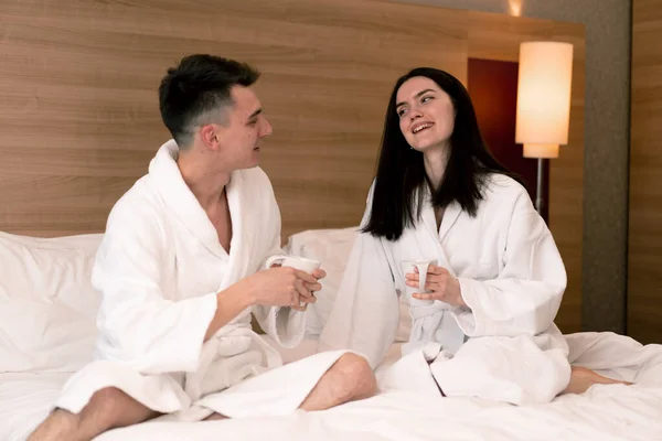 Young Couple Honeymoon Hotel Room Having Breakfast Room Drinking Coffee — Stock Photo, Image