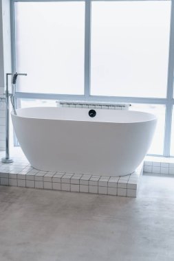 Bir kuaför salonunda banyo yapan hayvanlar için profesyonel banyo küveti. Temizlik tarzı dikkat çekme ayrıntıları.