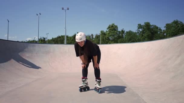 Portrait Young Girl Protective Helmet Roller Skates Tired Skating Stunts — Stock Video
