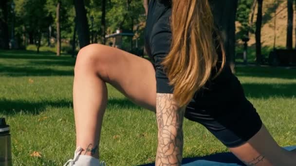 若いスポーツウーマン少女は 芝生の健康的なライフスタイルのコンセプトで公園の屋外でスポーツマットヨガトレーニングを行う — ストック動画