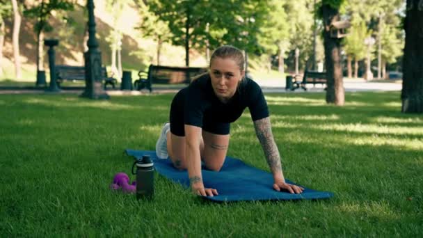 一个年轻的 满意的女运动员在户外做俯卧撑 同时进行公园健康生活方式运动的肖像 — 图库视频影像