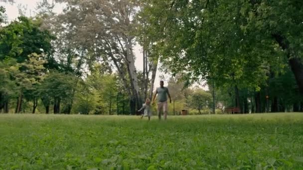 ハッピーパパと小さな娘が一緒に公園で走り 家族のゲームの父の日を保持しています — ストック動画