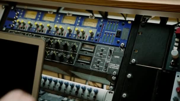 Sound Engineer Using Digital Audio Mixer Sliders Engineer Pressing Power — Stock Video