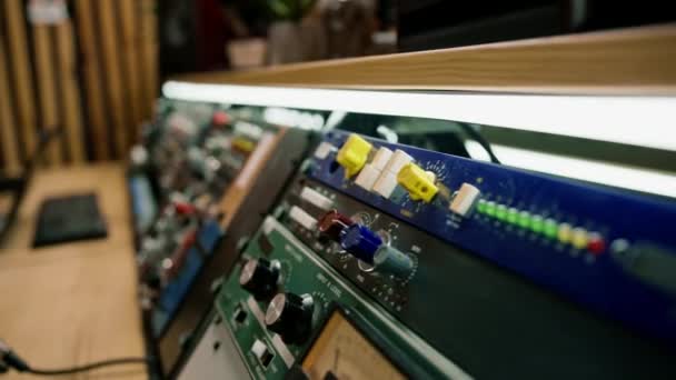 Sound Engineer Using Digital Audio Mixer Sliders Engineer Pressing Keys — Stock video