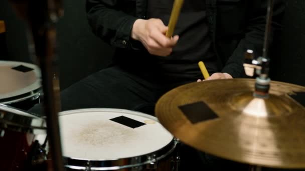 Drummer Plays Drum Kit Recording Studio Professional Musician Rehearsal Recording — Stock Video