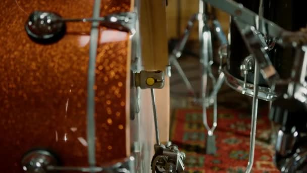 Man Foot Pressing Bass Drum Pedal Recording Studio Drummer Drumming — Stock Video