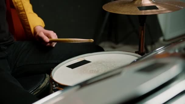 Drummer Plays Drum Kit Recording Studio Professional Musician Rehearsal Recording — Stock Video