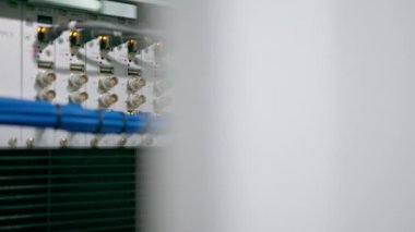 Bir veri merkezindeki bir sunucu odasındaki ağ yama kablolarının bir yığın veri iletim fiber optik bilgi teknolojisinin yakın plan görüntüsü