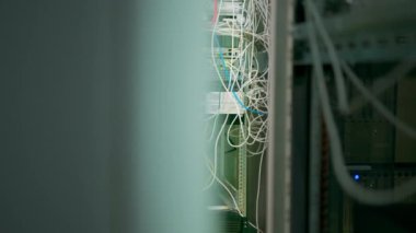 Bir sürü yama ağı kablosu veri merkezi internet depolama odasındaki bir sunucu rafındaki yama panelinden sıralanmış.