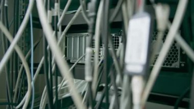 Bir veri merkezindeki sunucu rafındaki yama panelinden bir raf dolusu ağ yama kablosunun sıralanması