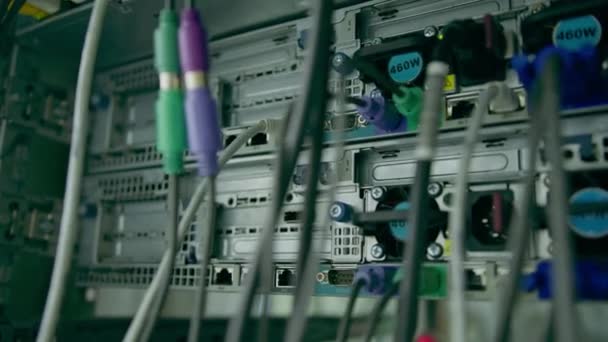 从数据中心机架上的补丁板到机柜中排序的一组网络补丁电缆的特写 — 图库视频影像