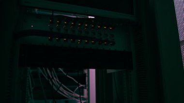 Bir veri merkezindeki bir sunucu odasındaki ağ yama kablolarının bir yığın veri iletim fiber optik bilgi teknolojisinin yakın plan görüntüsü