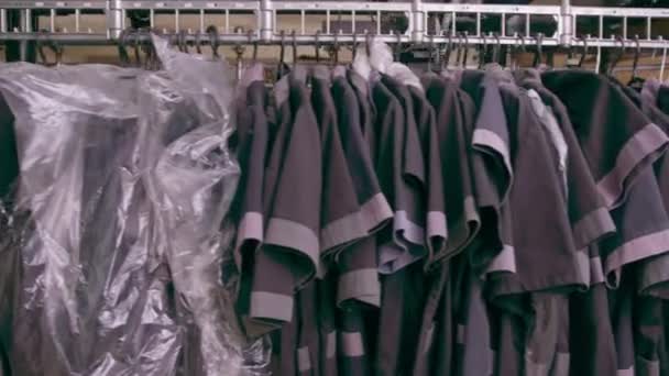 Industrial Laundry Hotel Clean Shirts Employees Guests Sorted Washing Hung — Stock Video
