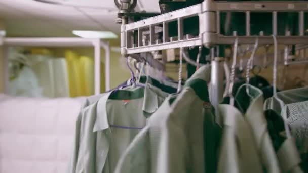 청결한 셔츠에 세탁물은 컨베이어 청결과 환대에 분류된 직원과 손님의 셔츠를 — 비디오