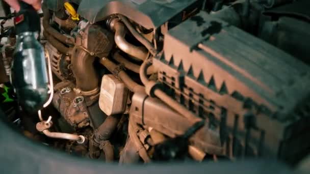 Een Mannelijke Automonteur Met Zaklamp Zijn Handen Inspecteert Automotor Zoekt — Stockvideo
