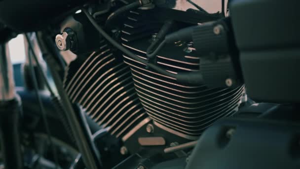 越野摩托车运动积极生活方式理念侧视图的特写黑色悬架系统 — 图库视频影像