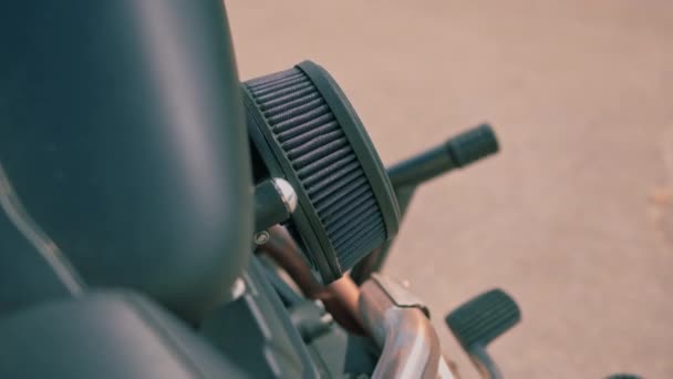 Close Sistema Suspensão Preta Uma Motocicleta Road Motorsport Conceito Estilo — Vídeo de Stock