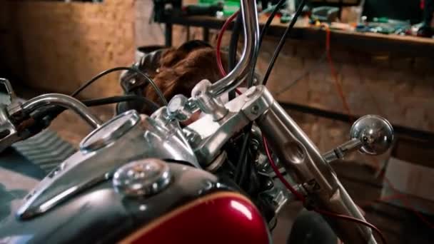 Creative Authentic Motorcycle Workshop Redhead Bearded Mechanic Biker Garage Repairs — Stock Video