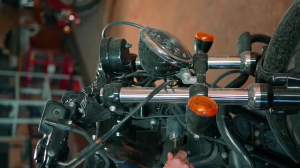 Creative Authentic Motorcycle Workshop Biker Mechanic Garage Puts Key Power — Stock Video