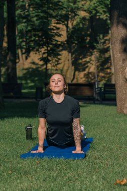 Genç sporcu kız spor minderi üzerinde fiziksel egzersiz yapıyor. Yoga eğitimi alıyor. Parkta çimenler üzerinde sağlıklı yaşam tarzı konsepti.