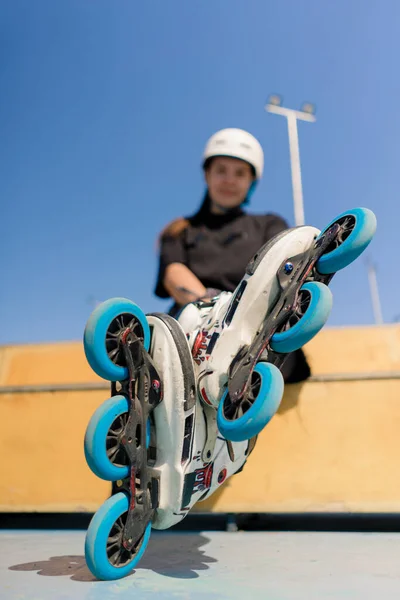 Young Satisfied Hipster Girl Protective Helmet Sky Background Skate Park — Stock Photo, Image